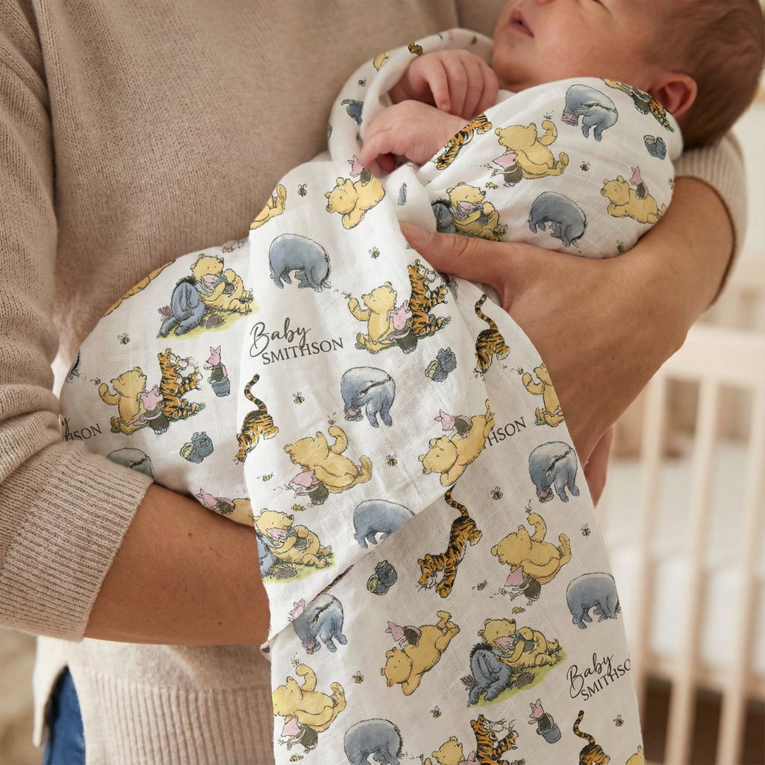 Personalised custom muslin swaddle wrap with baby’s name, lightweight and breathable for newborn comfort
