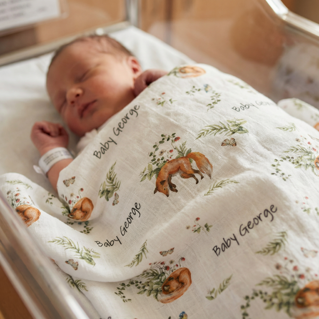 Personalised muslin swaddle wrap with baby name, soft breathable fabric, 120x120cm size for newborns and babies