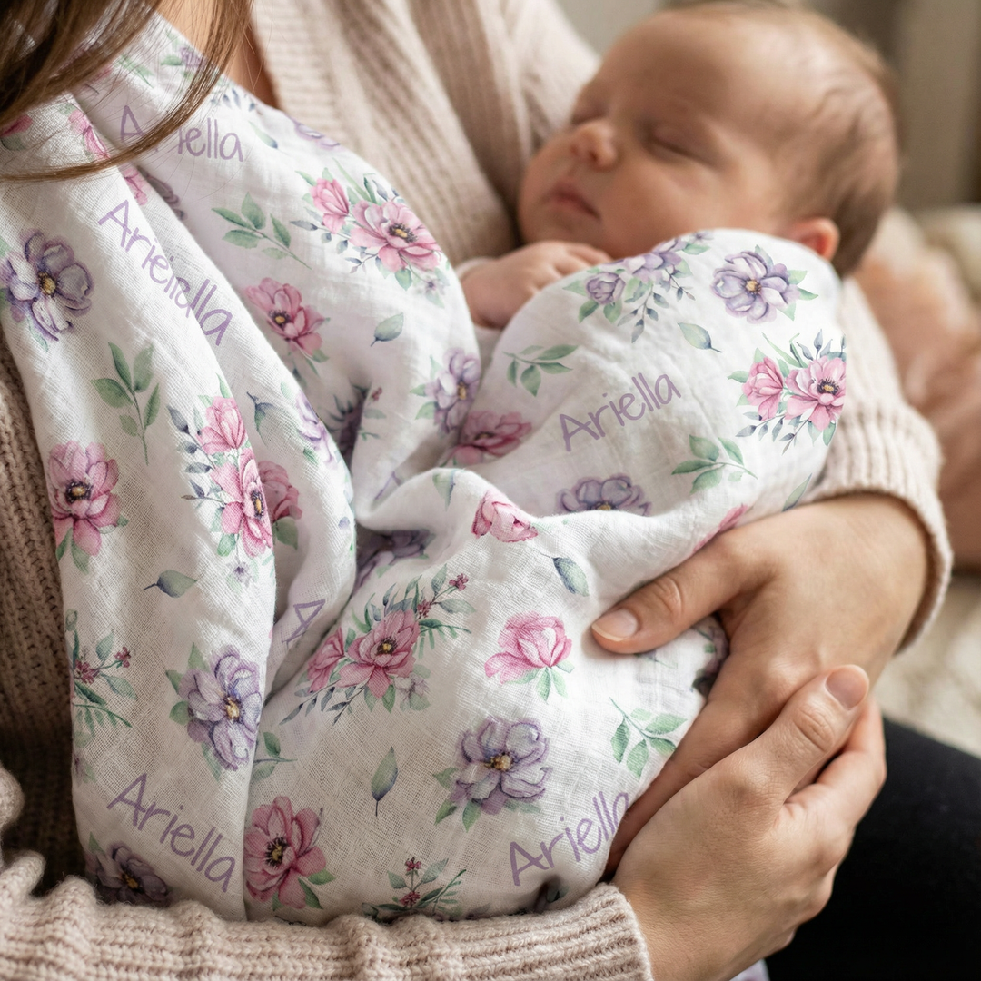 Personalised muslin swaddle wrap with baby name, soft breathable fabric, 120x120cm size