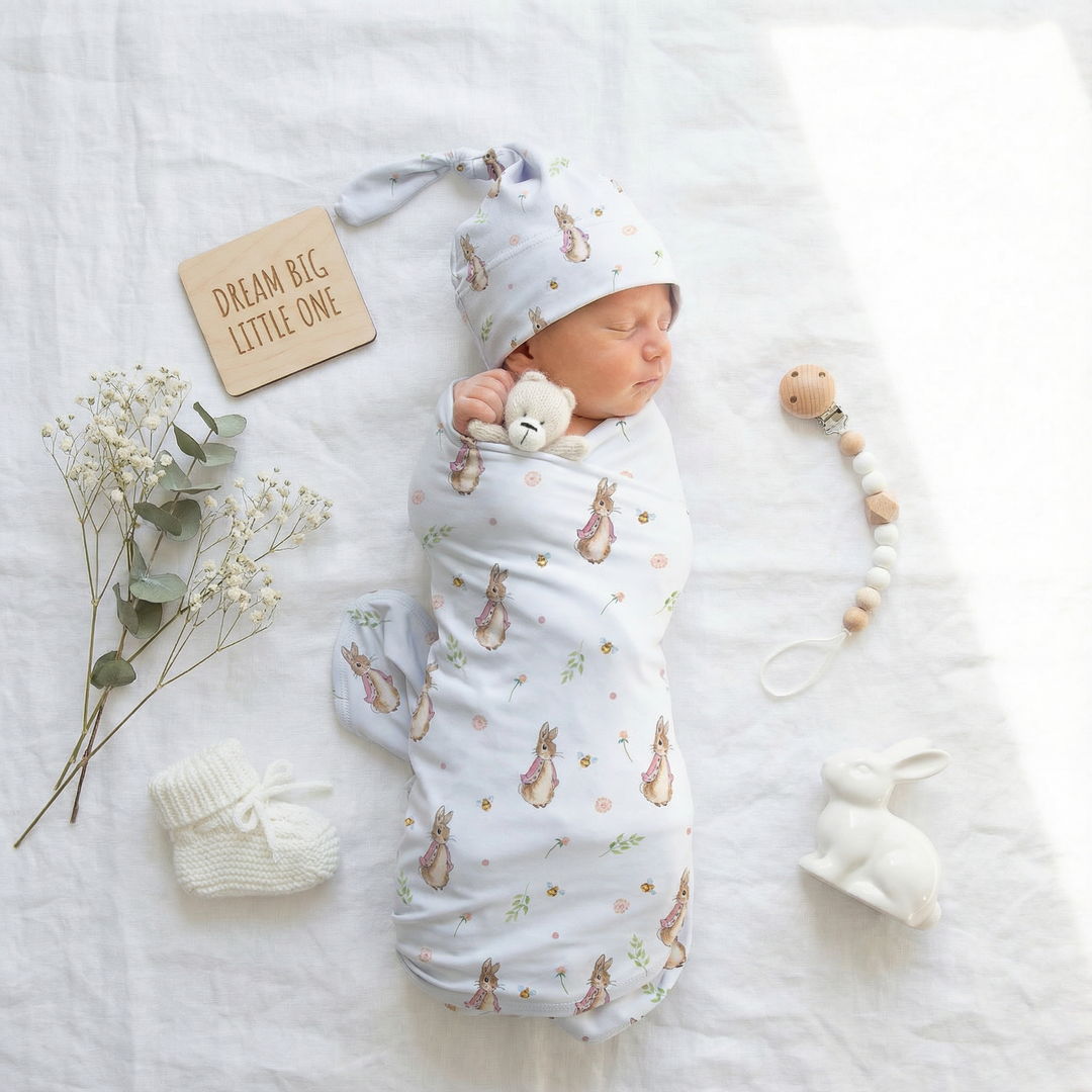 Flopsy baby swaddle and beanie set for newborns