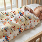 Personalised muslin swaddle wrap with baby name, soft breathable fabric, 120x120cm size
