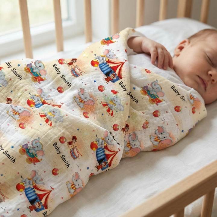 Personalised muslin swaddle wrap with baby name, soft breathable fabric, 120x120cm size