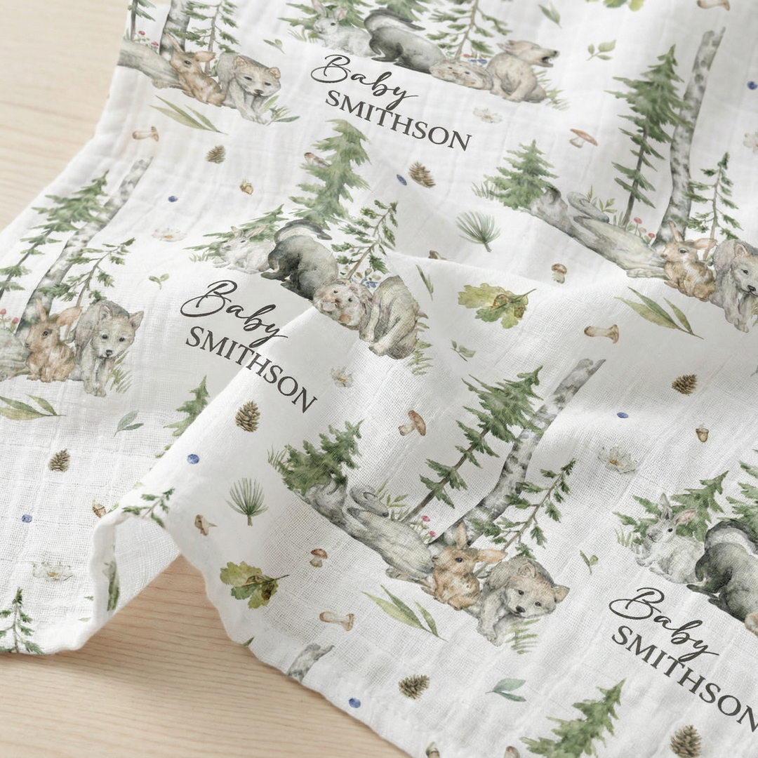 Personalised custom muslin swaddle wrap with baby name, soft breathable fabric, 120x120cm, gentle for newborns, machine washable.