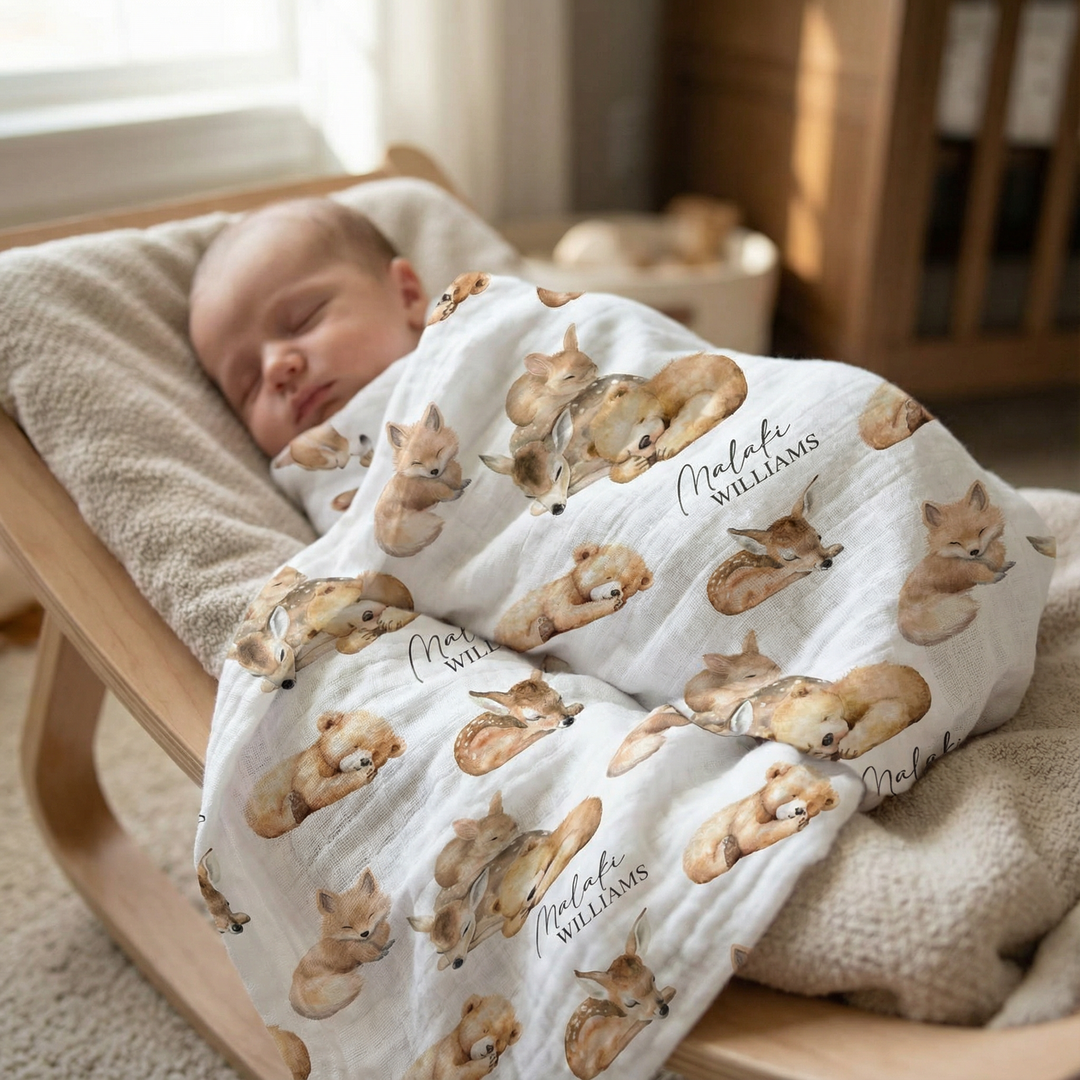 Custom muslin swaddle wrap personalized with baby’s name, soft breathable fabric, 120x120cm size for newborns.