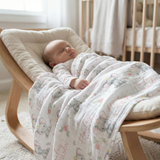 Personalised custom muslin swaddle wrap with baby name, soft and breathable fabric, 120x120cm size for newborns.