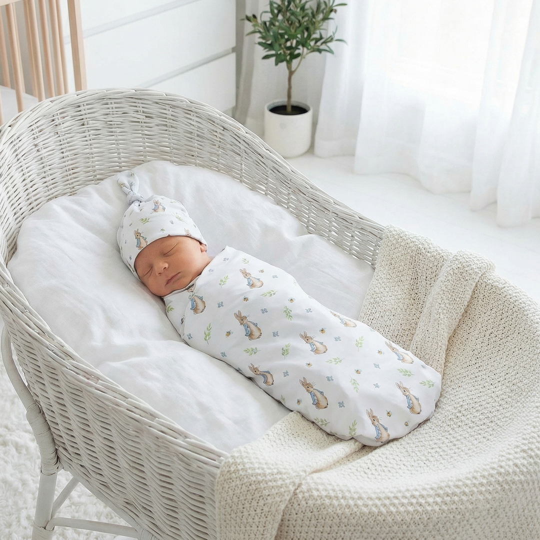 Newborn baby swaddled in a white crib with a white cribbage board in the background