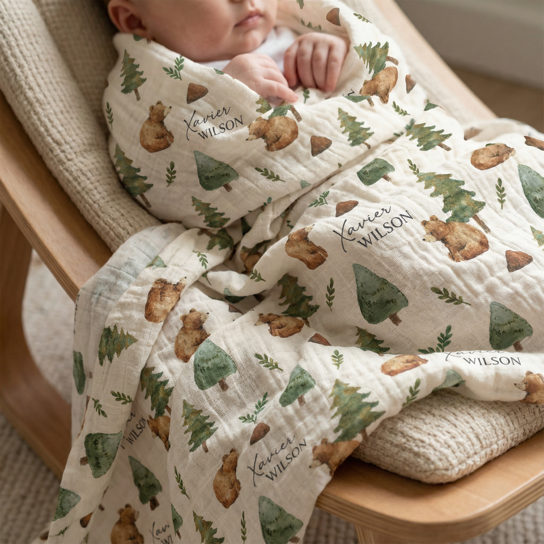 Personalised soft breathable custom muslin swaddle wrap for newborns with baby name print, 120x120cm size