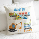 Personalised truck pocket book cushion with excavator design and name print