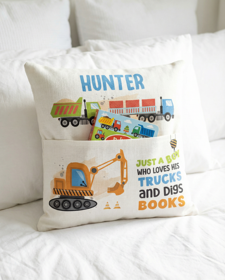 Personalised truck pocket book cushion with excavator design and name print
