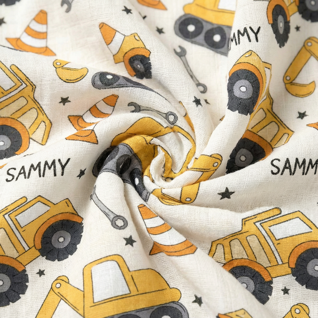 Personalised muslin swaddle wrap with baby name, soft breathable fabric, 120x120cm, gentle for newborns and machine washable