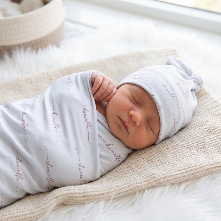 Sweet Signature - Personalised Baby Swaddle &amp; Beanie Set