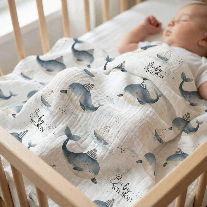 Personalised custom muslin swaddle wrap with baby name, soft breathable fabric, 120x120cm for newborns and babies