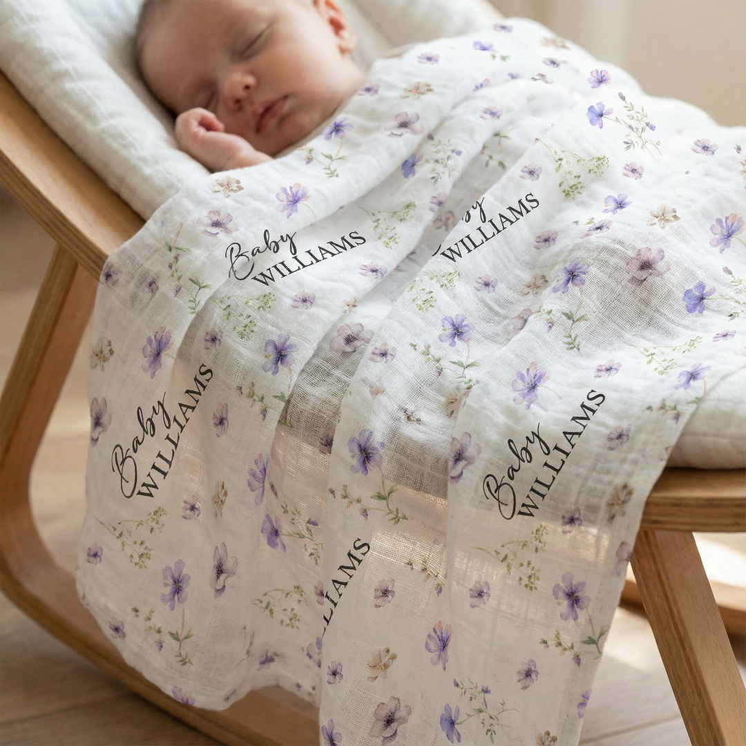 Custom muslin swaddle wrap personalized with baby’s name, soft breathable fabric, 120x120cm size for newborns and babies.