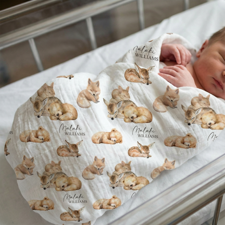 Personalised custom muslin swaddle wrap with baby name, soft breathable fabric, 120x120cm, gentle for newborns.