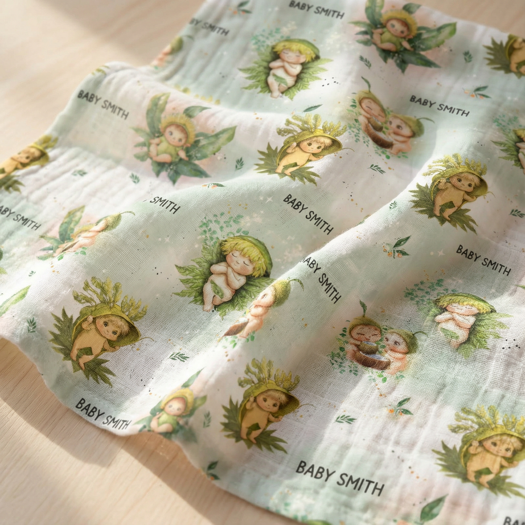Personalised muslin swaddle wrap with baby name, soft breathable fabric, 120x120cm for newborn comfort and gift