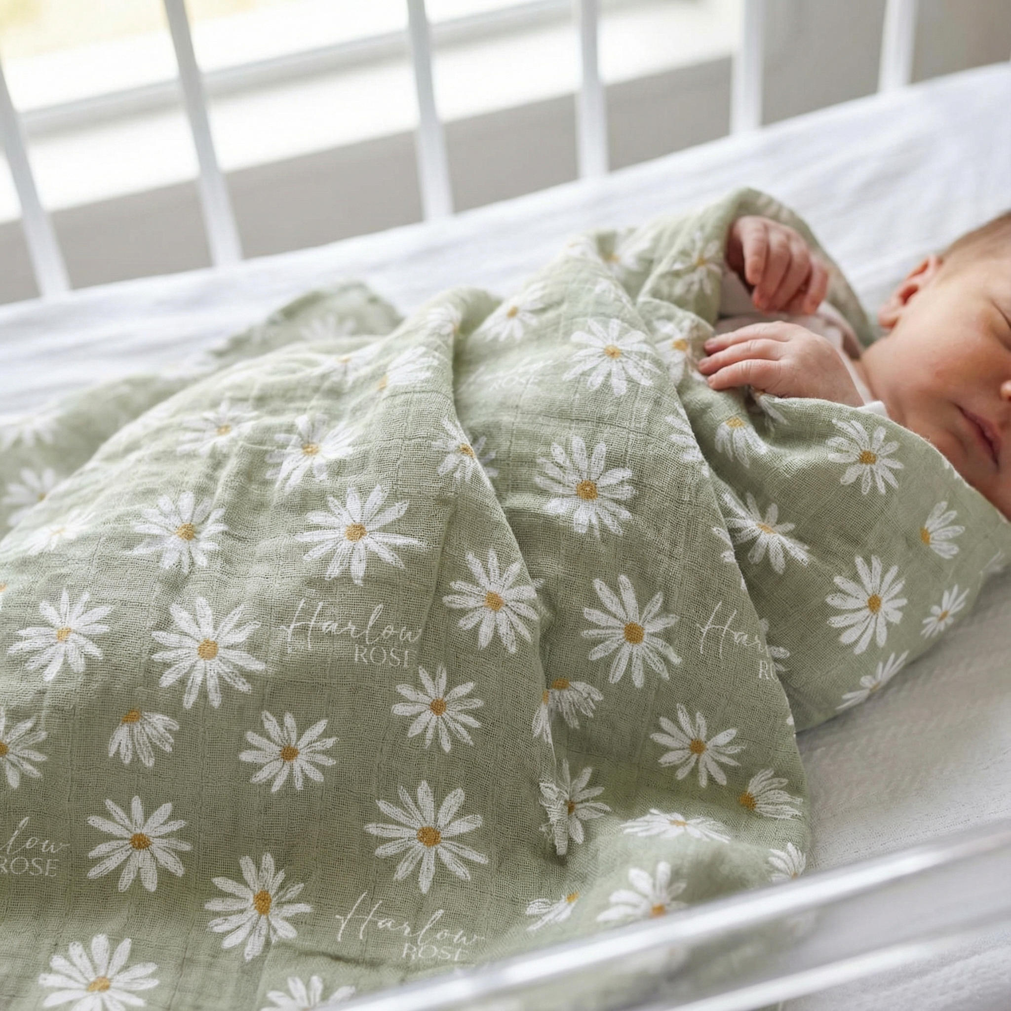 Personalised custom muslin swaddle wrap with baby name, soft breathable fabric, 120x120cm for newborns and babies