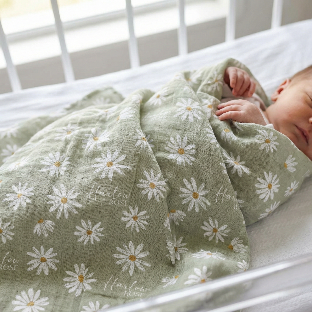 Personalised custom muslin swaddle wrap with baby name, soft breathable fabric, 120x120cm for newborns and babies