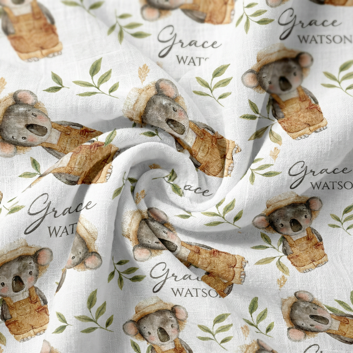 Custom muslin swaddle wrap with baby name, soft breathable fabric, 120x120cm, ideal for newborns and babies