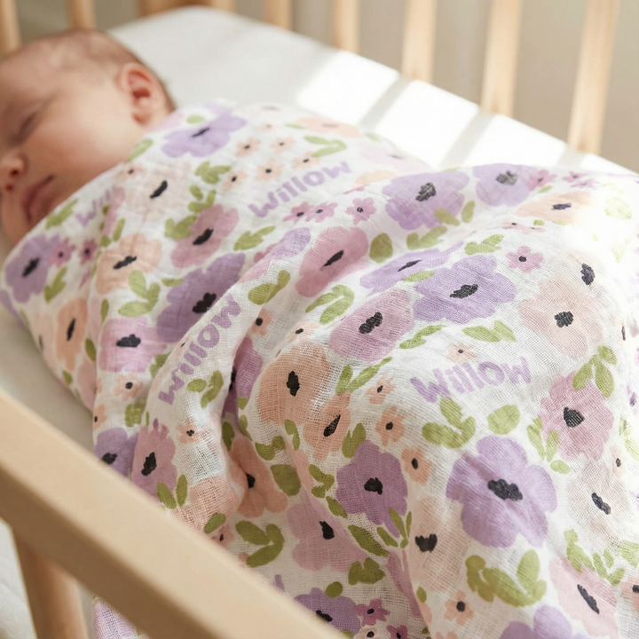 Personalised muslin swaddle wrap with baby name, soft breathable fabric, 120x120cm, ideal for newborns and gifting