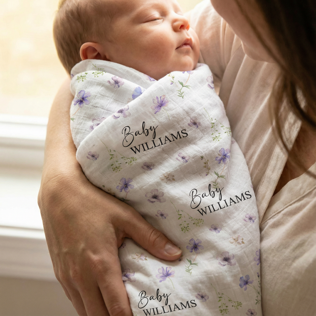 Personalised custom muslin swaddle wrap with baby name, soft breathable fabric for newborns, 120x120cm, lightweight and machine washable