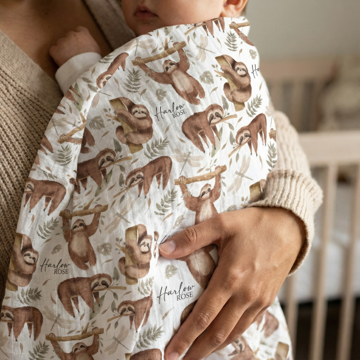 Personalised custom muslin swaddle wrap for newborns with baby name, breathable soft fabric, 120x120cm size.