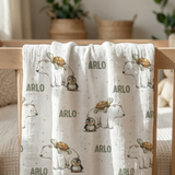 Personalised muslin swaddle wrap with baby name, soft breathable fabric, 120x120cm size for newborns and babies.