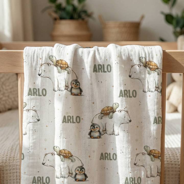 Personalised muslin swaddle wrap with baby name, soft breathable fabric, 120x120cm size for newborns and babies.