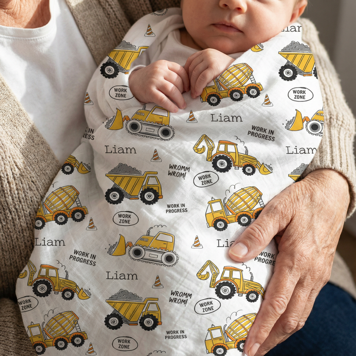 Personalised muslin swaddle wrap with baby name, soft breathable cotton, 120x120cm, ideal for newborns, machine washable baby blanket