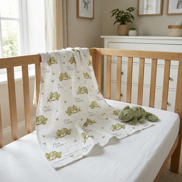 Custom muslin swaddle wrap with baby name, soft breathable fabric, 120x120cm size for newborns.
