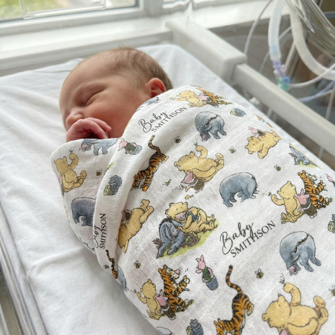 Personalised custom muslin swaddle wrap with baby name, soft and breathable fabric, 120x120cm size for newborns.