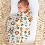 Custom muslin swaddle wrap personalized with baby’s name, soft breathable fabric, 120x120cm size, ideal for newborns.