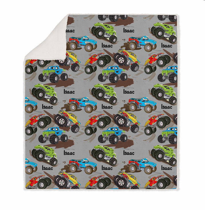 MONSTER TRUCKS SHERPA BLANKET FOR KIDS