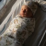 Personalised baby swaddle and beanie set made from soft stretch poly fabric for comfort and style