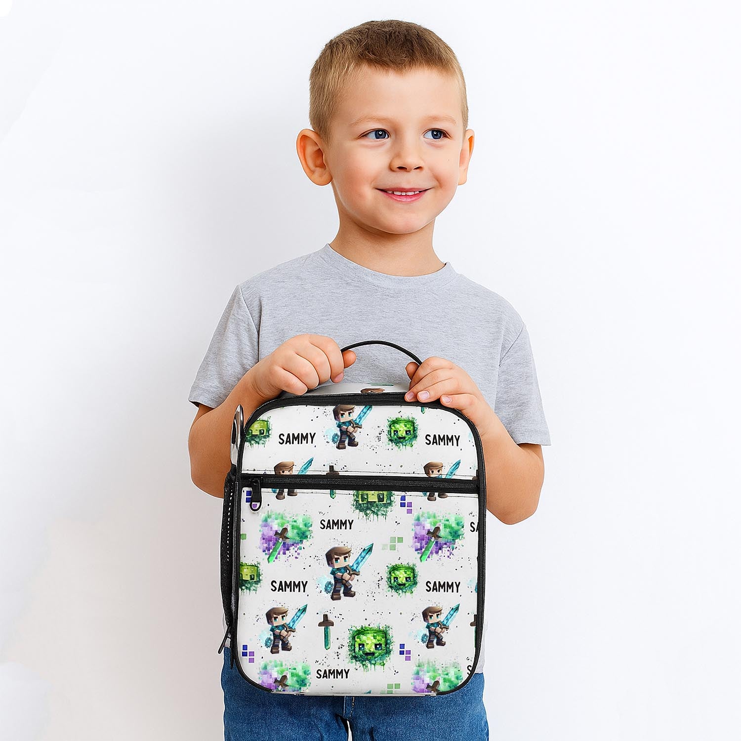 personalised kids lunch bag with minecraft print