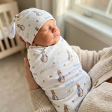 Personalised baby swaddle and beanie set made from soft stretch poly fabric for newborns