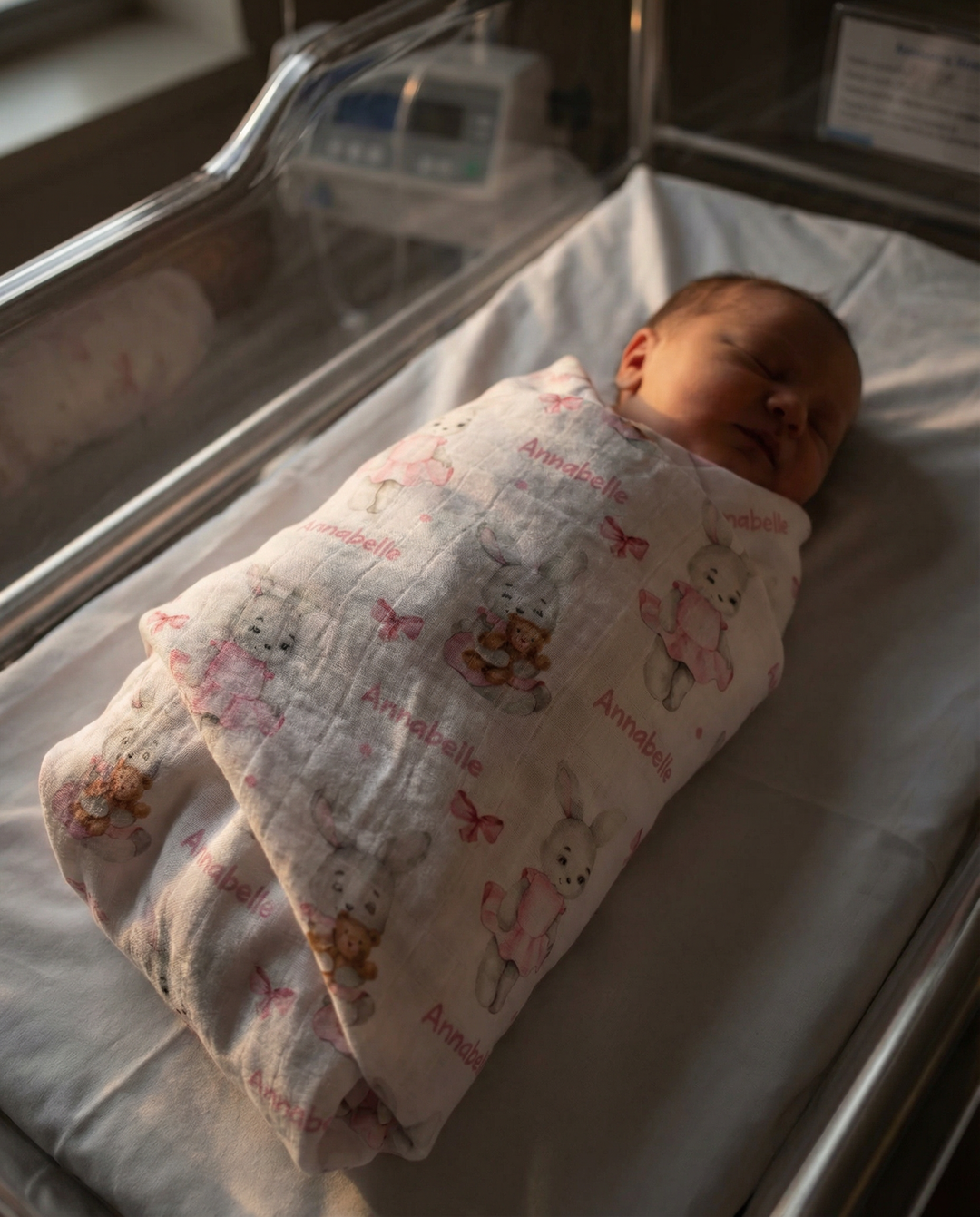 Personalised muslin swaddle wrap with baby name, soft breathable fabric, 120x120cm size for newborns and babies