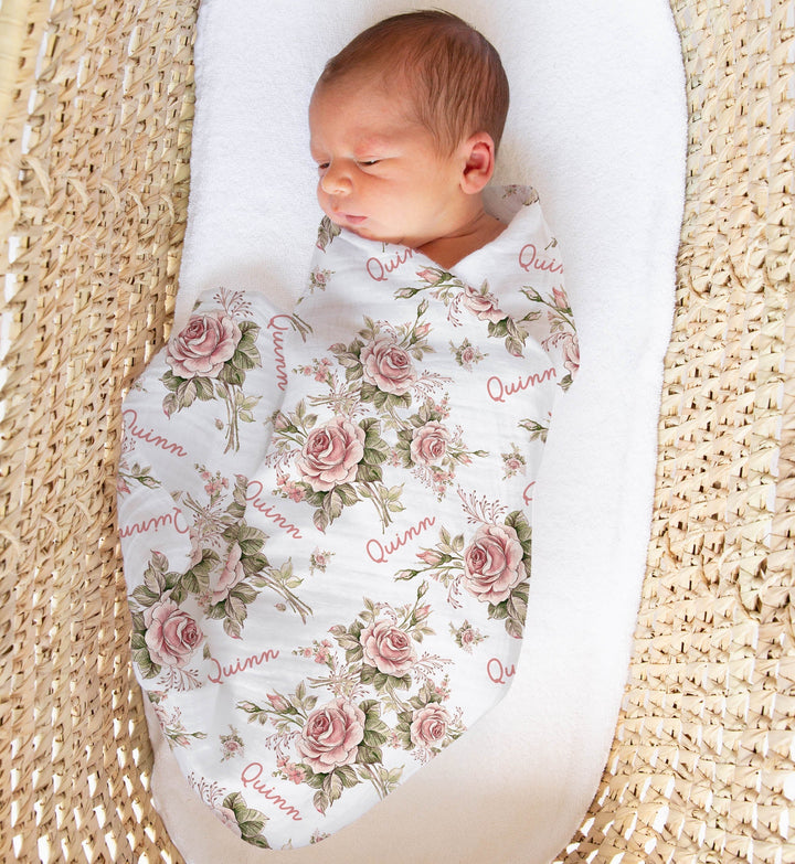 Personalised Muslin Swaddle wrap with baby name, soft breathable fabric, 120 x 120cm size, perfect for newborns and gifts