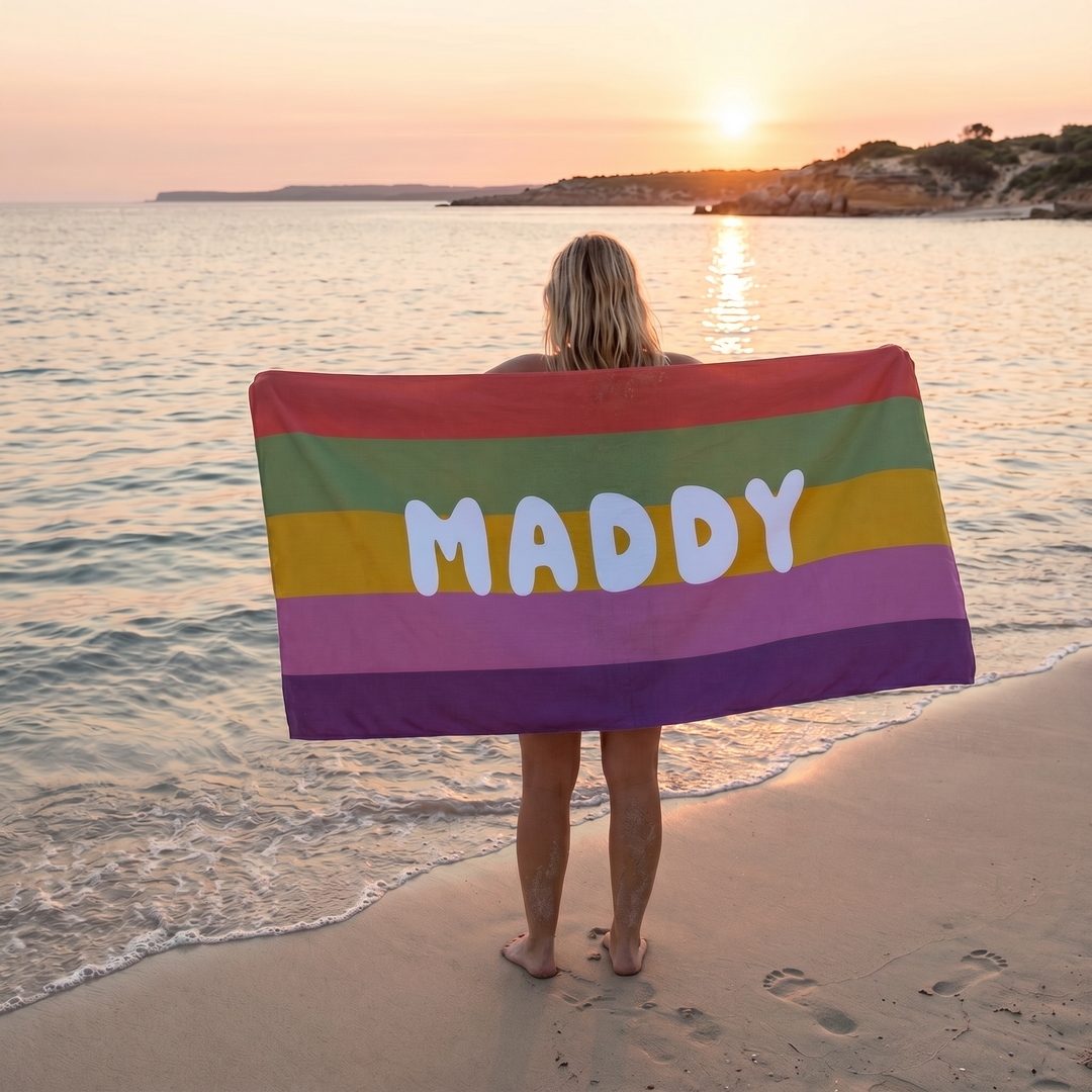 Personalised Stripe Beach Towel – Custom Name | Retro Stripe Design