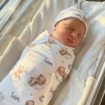 Personalised baby swaddle and beanie set in stretch poly fabric for comfort and style