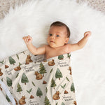 Personalised baby swaddle wrap used as a blanket in a bassinet or cot