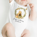 Newborn wearing Hunny Baby Onesie with Winnie the Pooh design – soft cotton baby outfit for newborn photos or baby shower gifts
