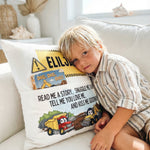 Personalised Construction Pocket Book Cushion with trucks and diggers illustration and built-in book pocket for boys