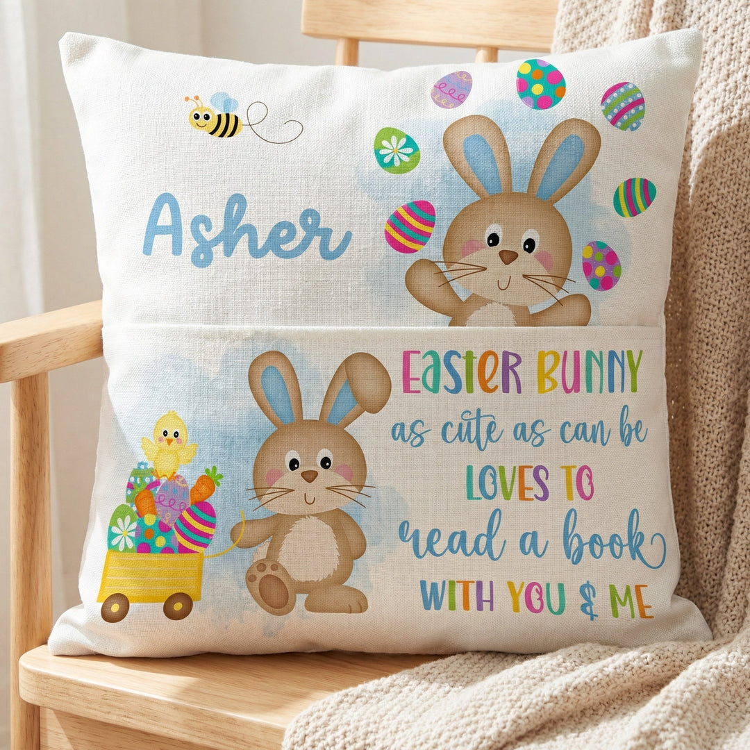 Personalised Easter pocket book cushion in blue with bunny and eggs design and child&
