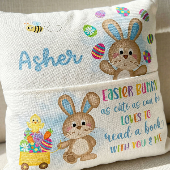 Personalised Easter Pocket Book Cushion blue with bunny and name pocket for kids&