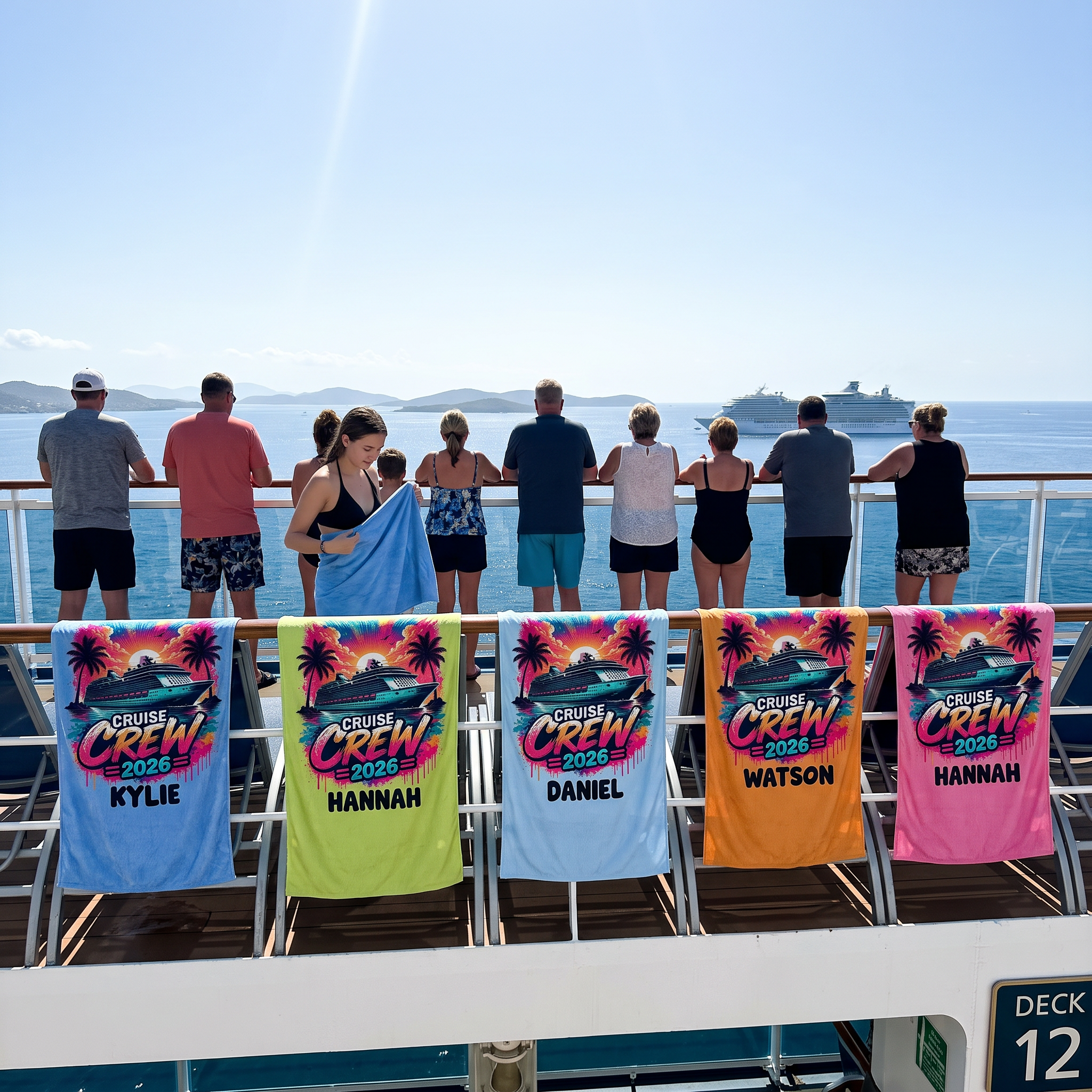Cruise Crew 2026 beach towel in quick-dry sand-free microfibre, made for family cruise holidays - The Custom Co