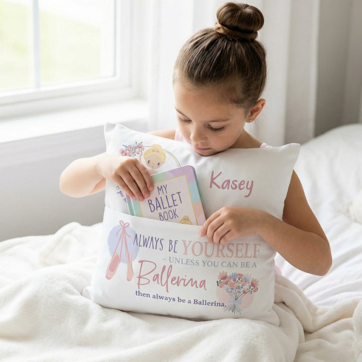 Personalised ballerina pocket book cushion with name and built-in book pocket in pastel tones