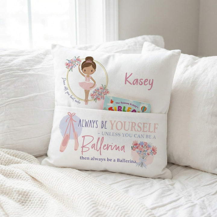 Personalised Ballerina Pocket Book Cushion with ballerina illustration and book pocket for children