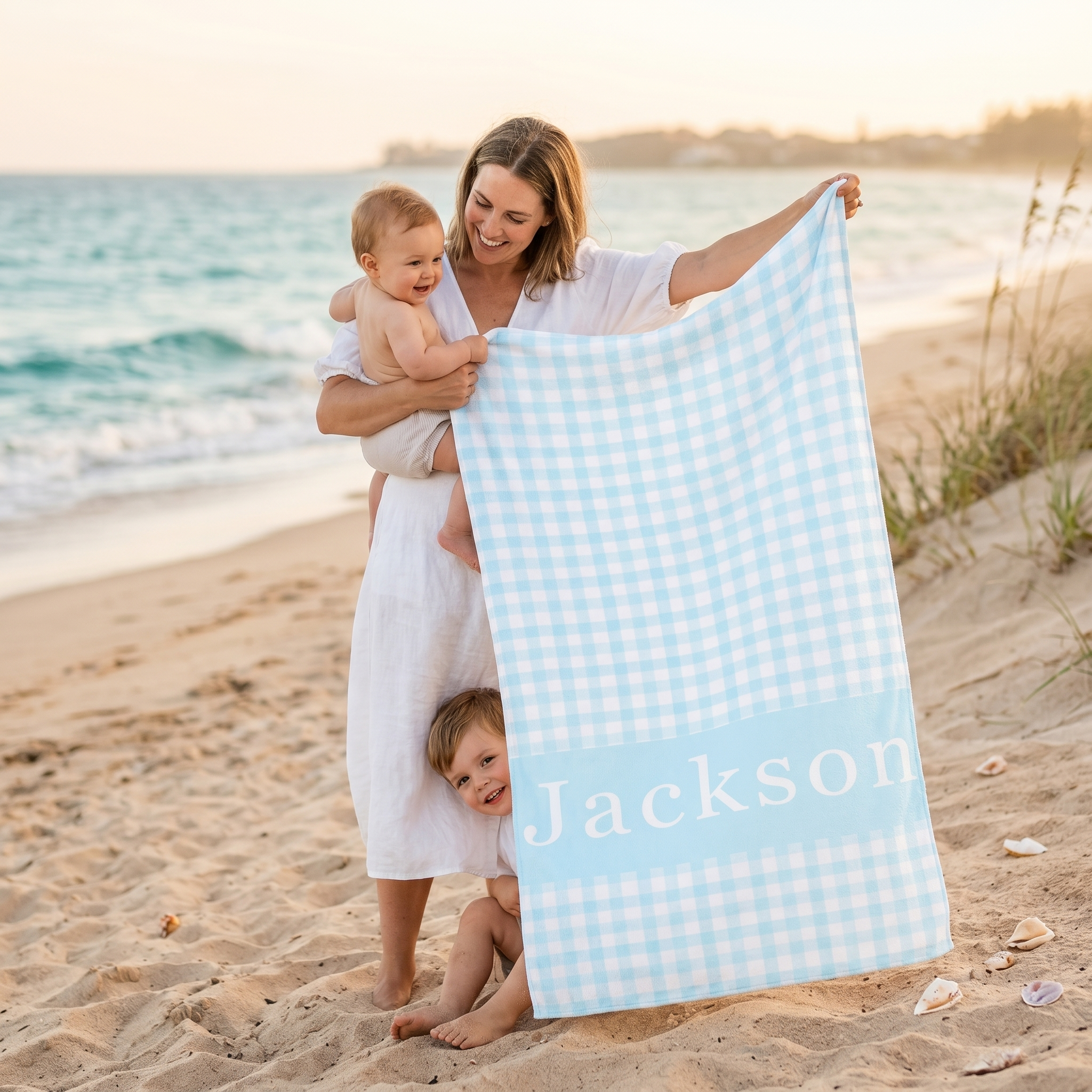 Watercolour Plaid beach towel custom name layout, summer gift idea