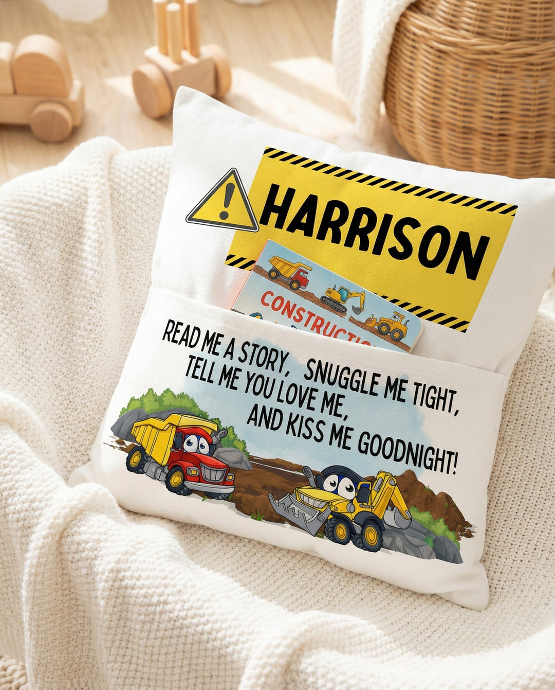 Personalised construction pocket book cushion with trucks and child&