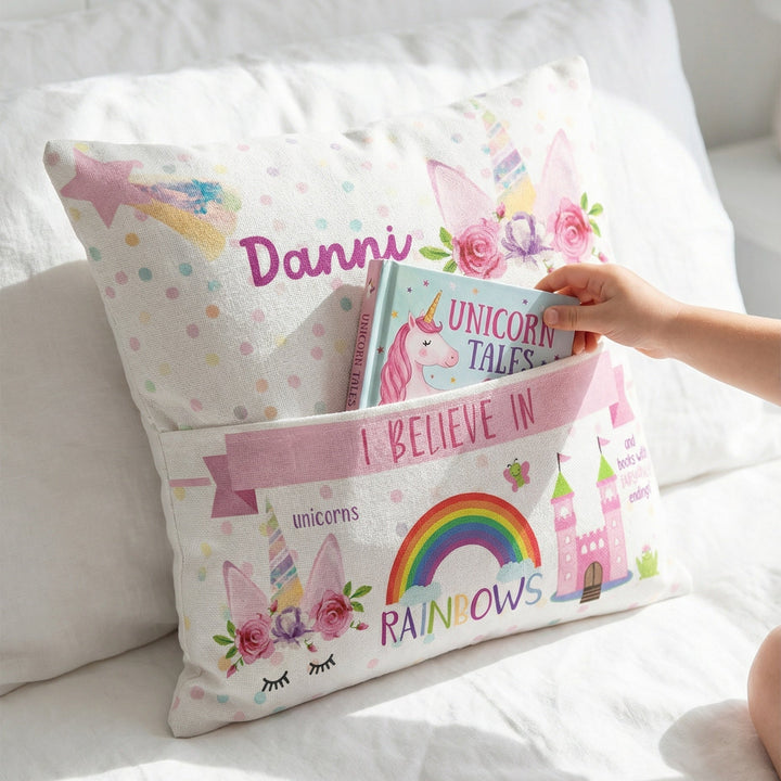 Personalised Unicorn Pocket Book Cushion with pastel unicorn design and built-in book pocket for children